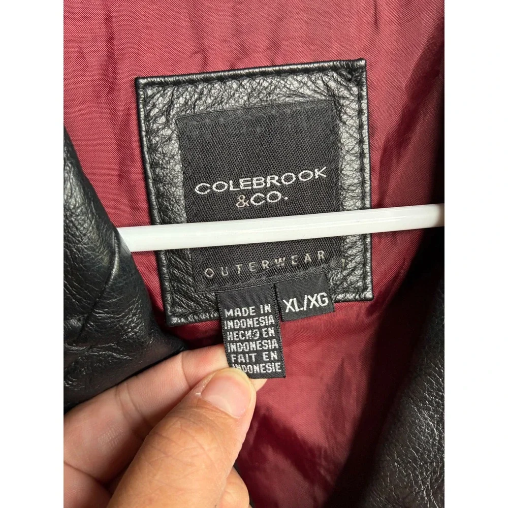 Colebrook & Co Black Leather Jacket Mens XL Button Front Burgundy Lining 8215